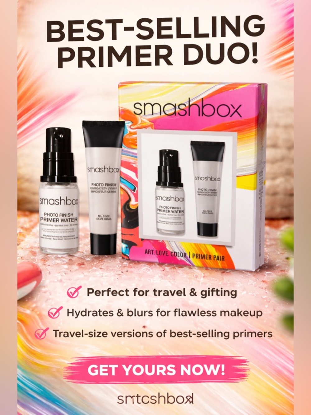 Smashbox Primer Duo with White Bottles and Pink/Orange Box Accents